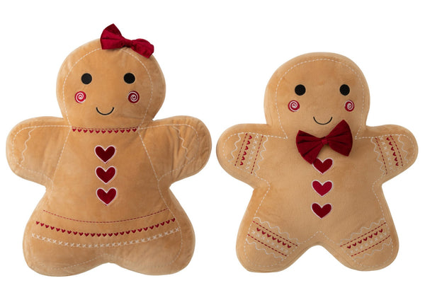Almofada boneco de gengibre em poliéster camel e vermelho