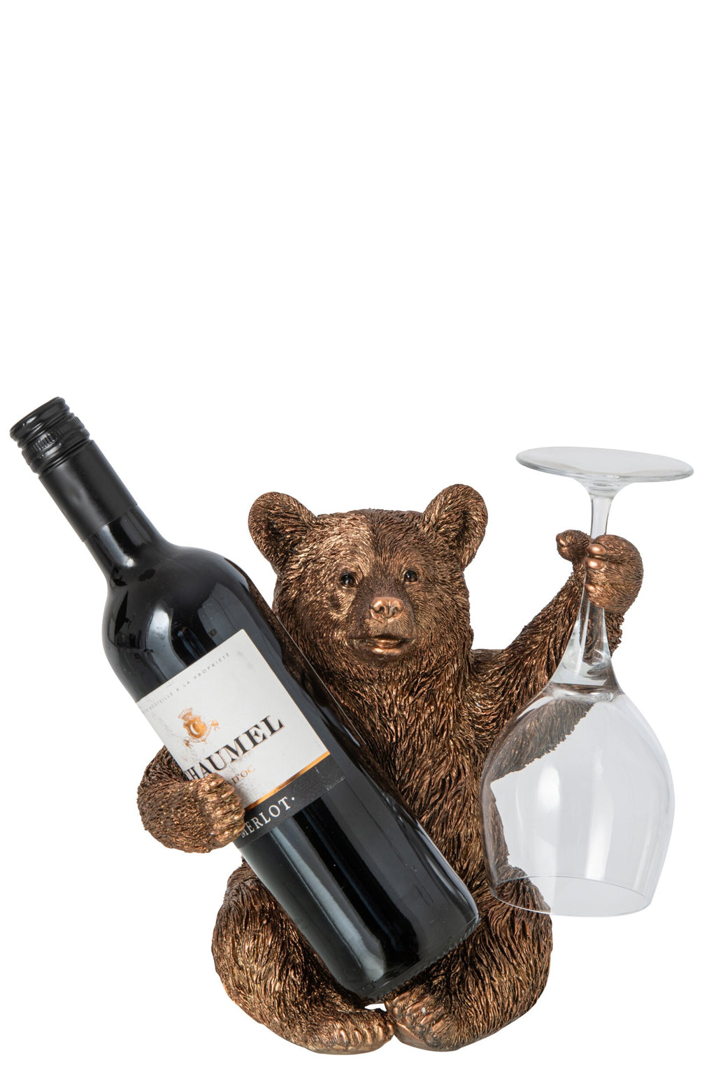 Porta-garrafas de vinho em forma de urso, em resina cobre, vista 4