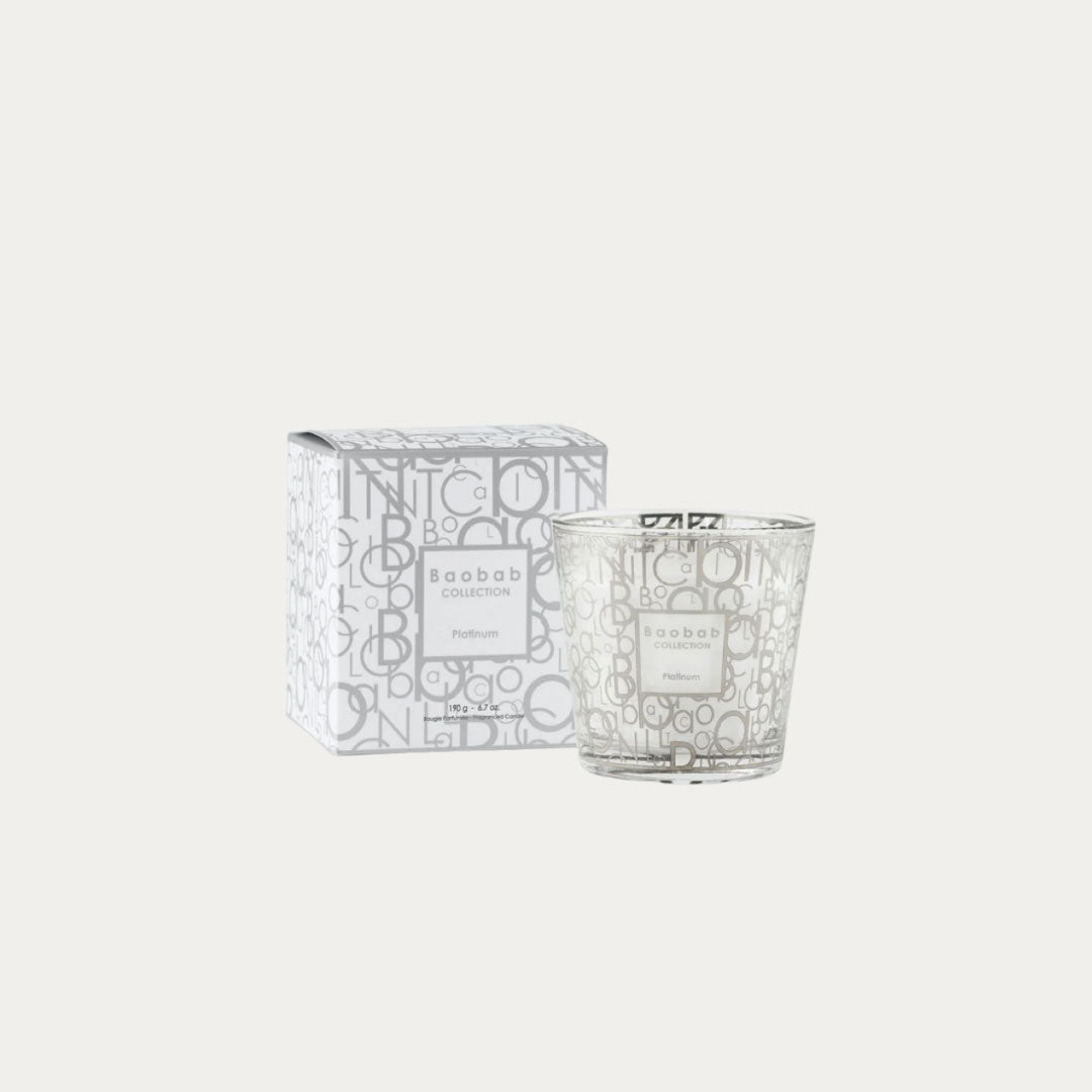 Vela perfumada MY FIRST BAOBAB PLATINUM em recipiente prateado