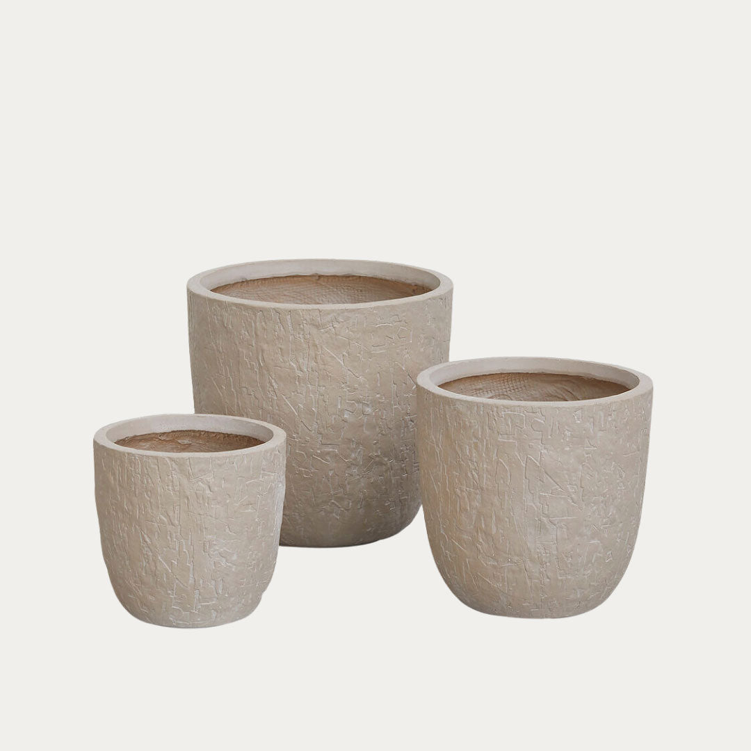 Conjunto 3 vasos ROCCIA BOMBATO em pedra texturada cinzenta