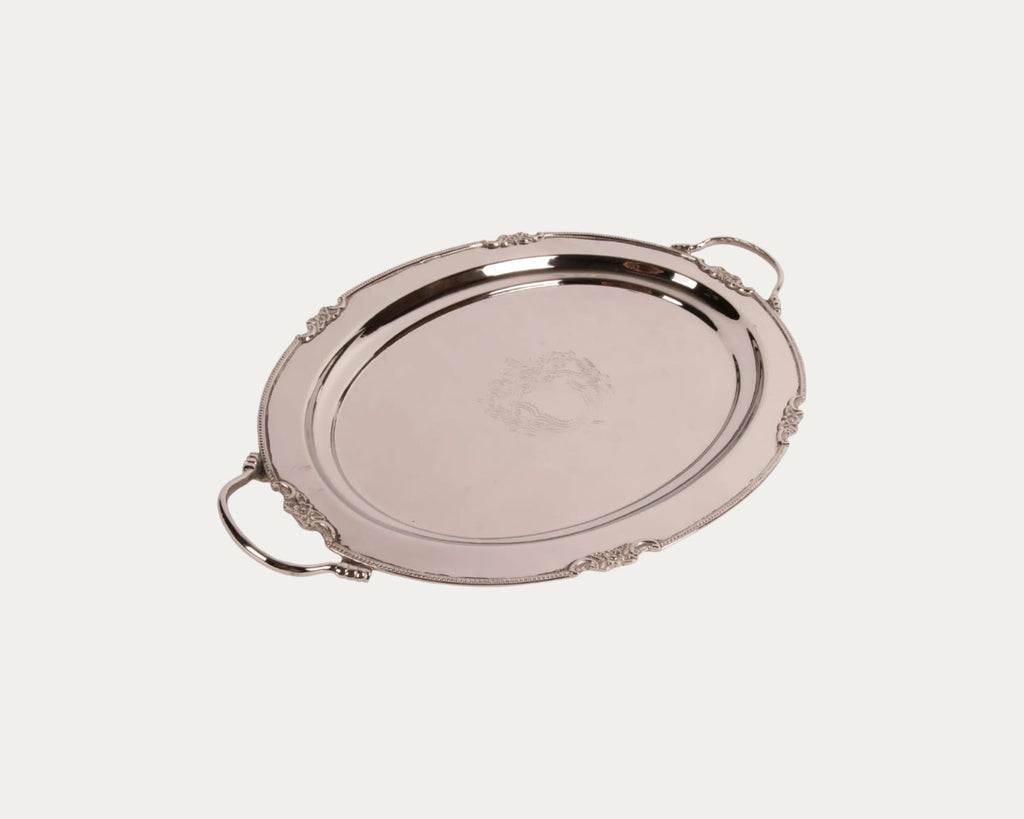 Bandeja bicolor prata e cobre com alça